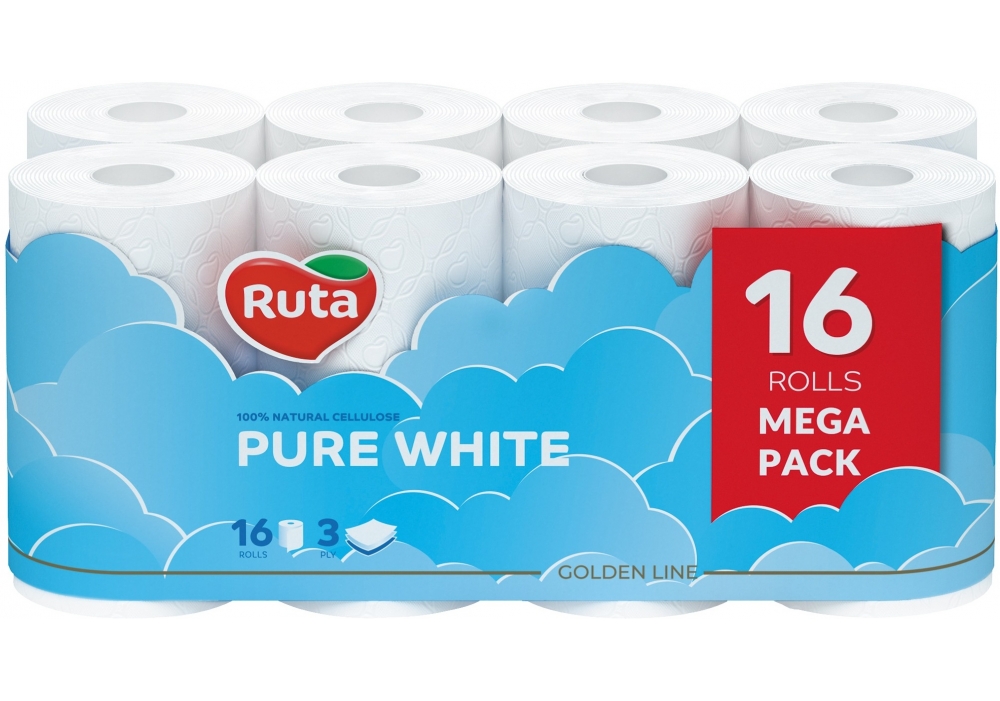 Купить  бумага 3 слоя Ruta Pure White 16 рулонов, белая - ПАПИРУС