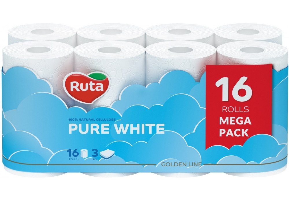 Купить  бумага 3 слоя Ruta Pure White 16 рулонов, белая - ПАПИРУС