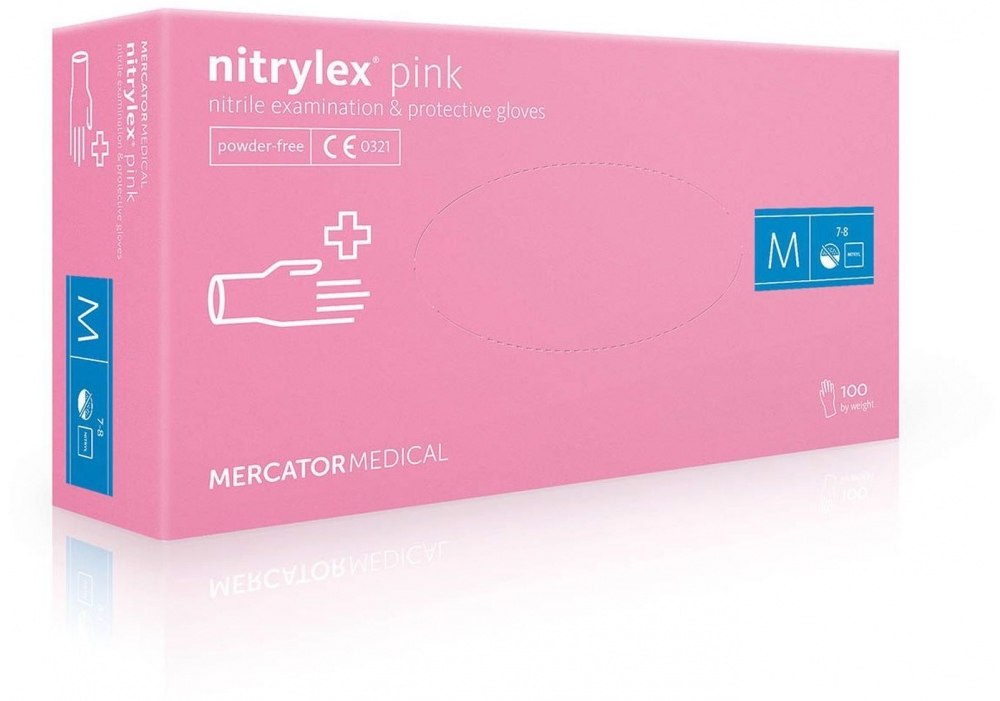 Рукавички нітр. огл., нест. неприпуд, рожеві, 100шт/уп, M (10 уп/ящ), NITRYLEX PINK