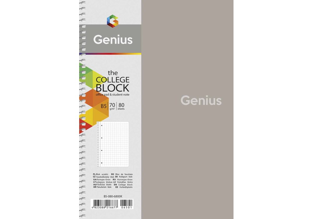 Коледж-блок, спiраль, В5/80арк., у клітинку, білий блок, 70г/м2, пластик, Genius