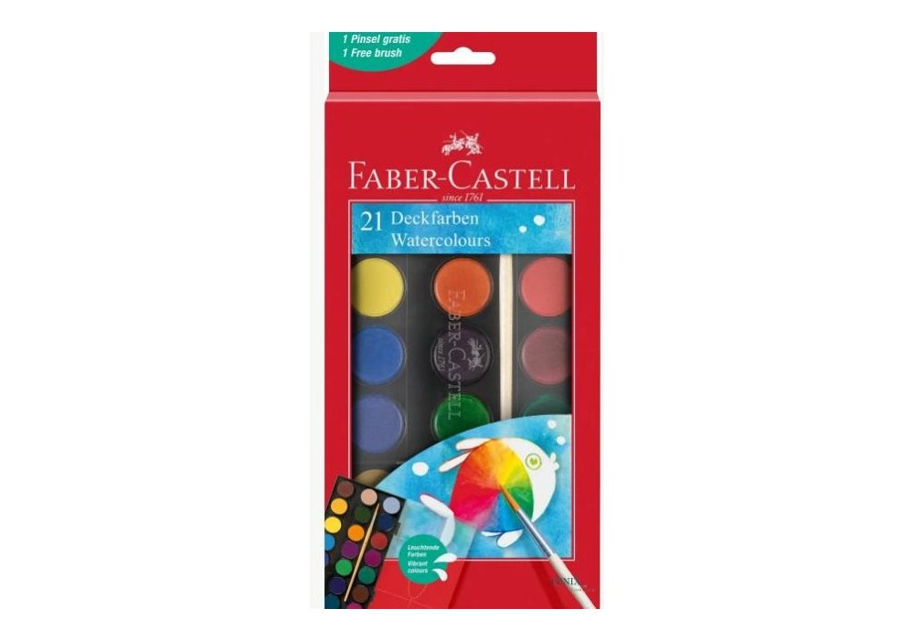 Краски акварельные Faber-Castell сухие 21 цв. + 2 кисти., d=30мм в пластик. поддоне