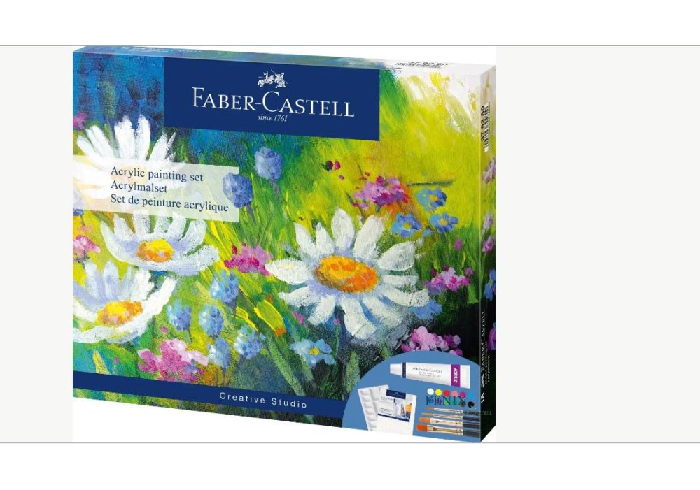 Фарби акрилові Faber-Castell 12 кольорів (9 мл) + 4 пензл, 1 палітра, 1 холст 20х25 см