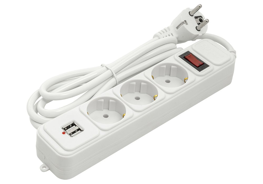Подовжувач PowerPlant 1.8 м, 3x1.5мм2, 10А, 3 розетки, 2xUSB 2.1A, евростандарт (JY-1054U/1.8)