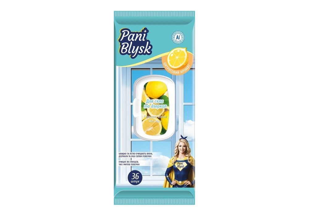 Cерветки господарчі Pani Blysk вологі для скла з клапаном, 36 шт