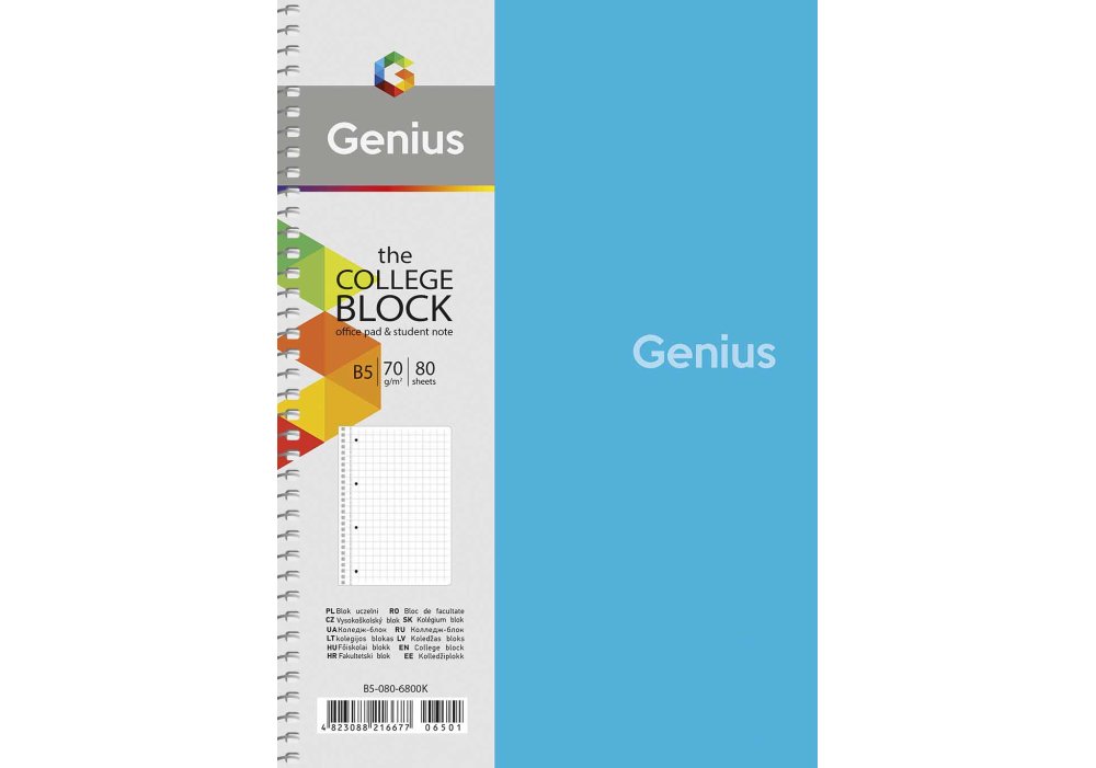 Коледж-блок, спiраль, В5/80арк., у клітинку, білий блок, 70г/м2, пластик, Genius