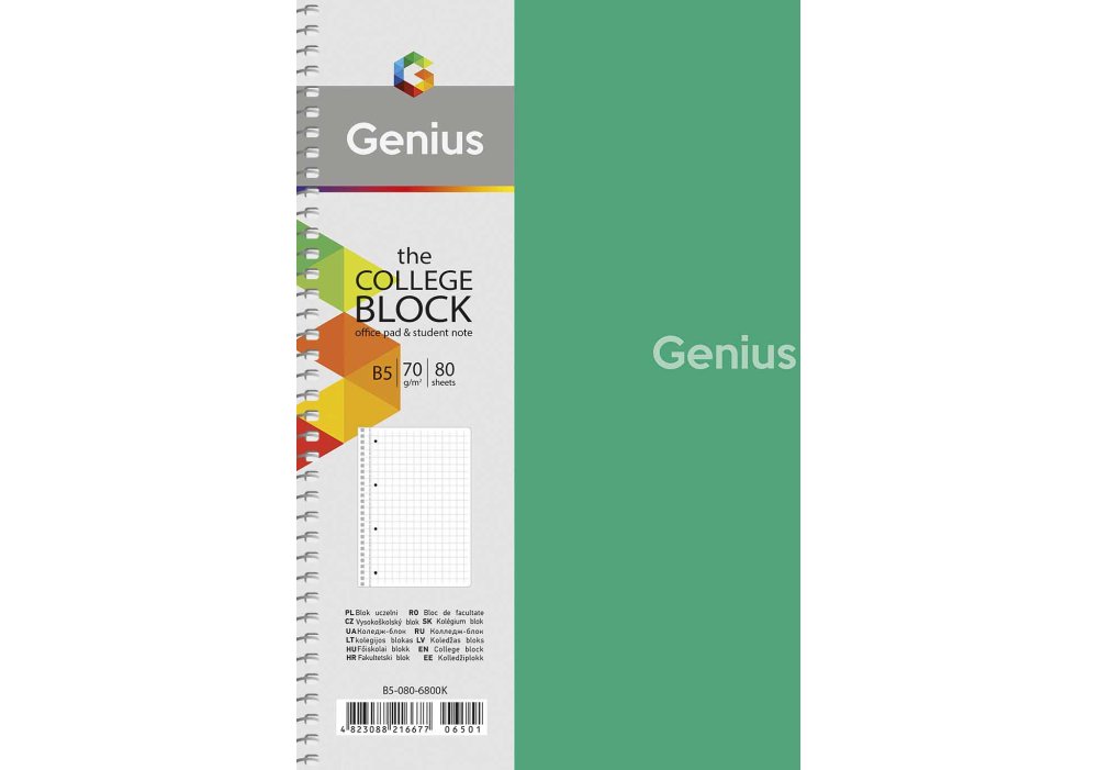 Коледж-блок, спiраль, В5/80арк., у клітинку, білий блок, 70г/м2, пластик, Genius