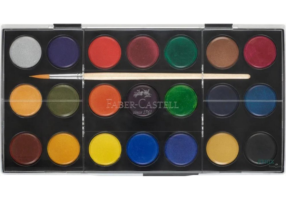 Краски акварельные Faber-Castell сухие 21 цв. + 2 кисти., d=30мм в пластик. поддоне