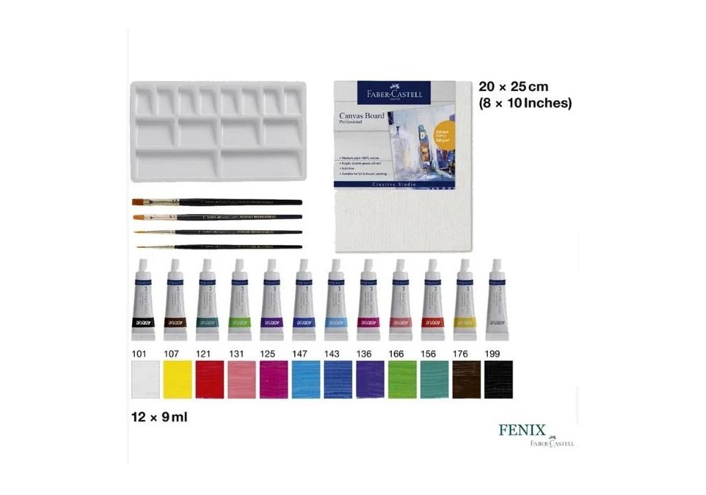 Фарби акрилові Faber-Castell 12 кольорів (9 мл) + 4 пензл, 1 палітра, 1 холст 20х25 см