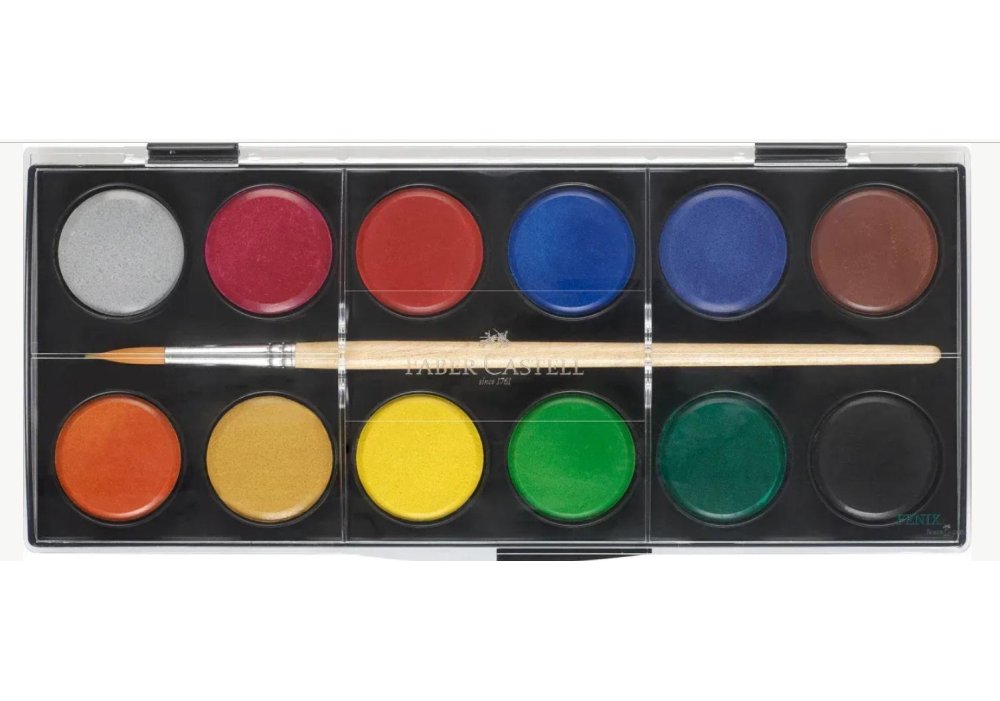 Краски акварельные Faber-Castell сухие с кисточкой, 12 цветов, D=30