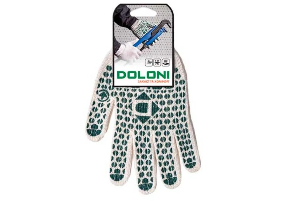 Рукавички 547 білі (долоня-син.,зел.крапка) щільн. 2 нитки 7 клас 10р. ХБ-70%/ПЕ30% DOLONI