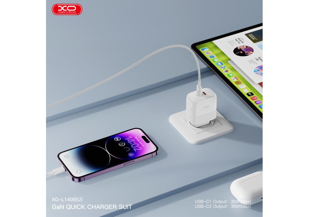 Мережевий зардний пристрій XO L140 - 35W PD Dual port USB-C White