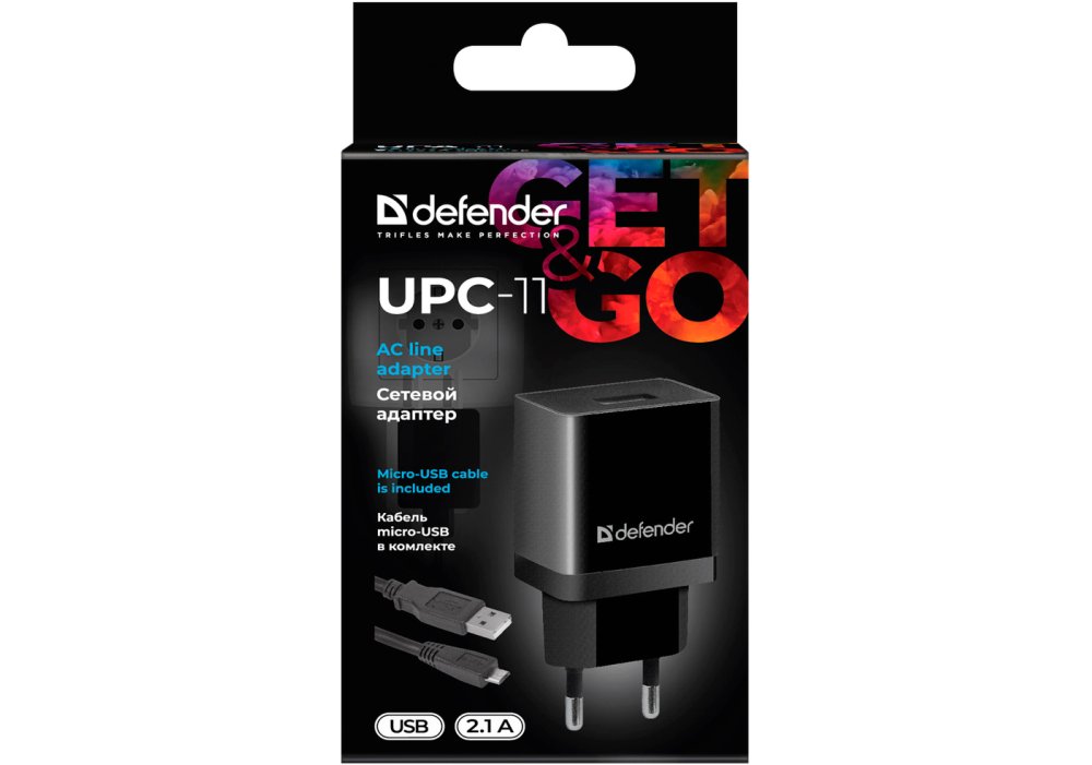 Мережевий зарядний пристрій Defender UPС-11 1xUSB, 5V/2.1А, Кабель micro-USB (83556)