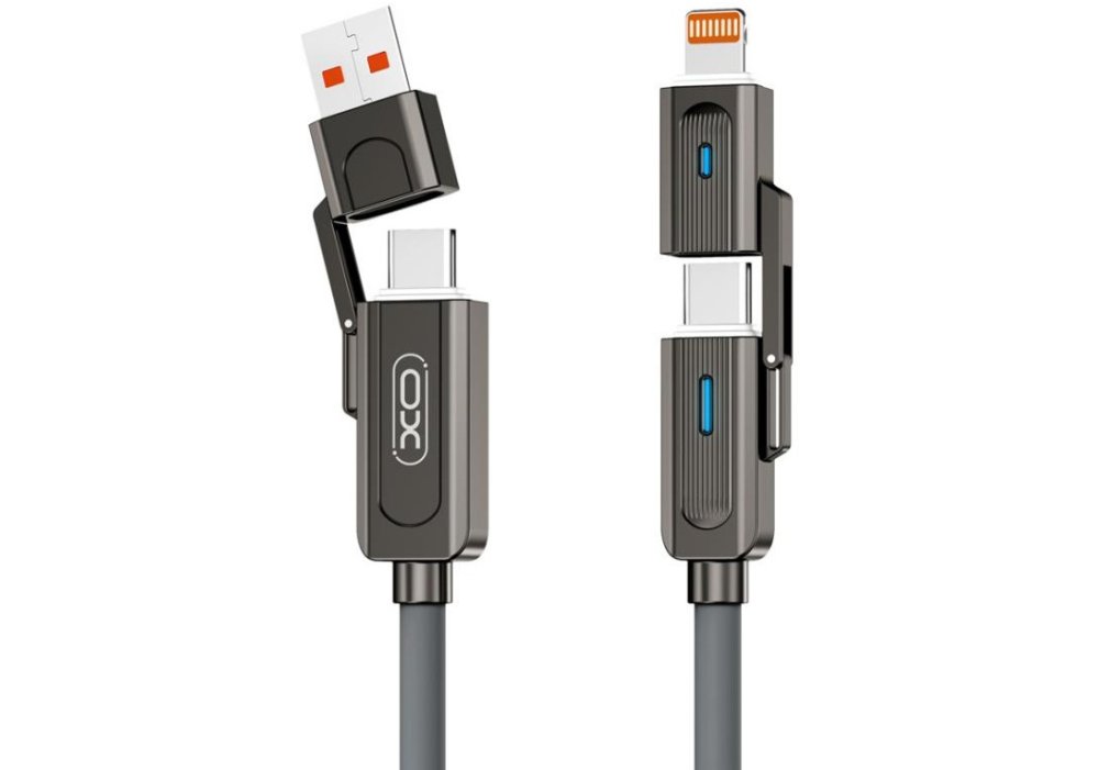 Кабель XO NB275 Zinc Alloy Silicone Type-C/USB-A to TYPE-C/Lightning - 4-in-1 - 60W - 1m Gray