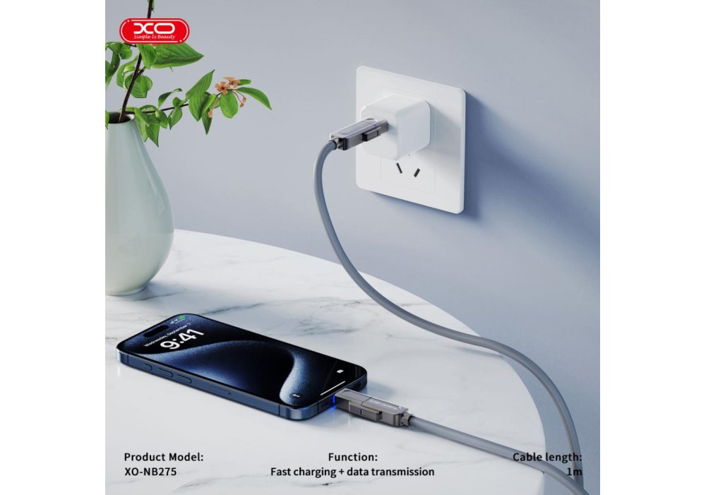 Кабель XO NB275 Zinc Alloy Silicone Type-C/USB-A to TYPE-C/Lightning - 4-in-1 - 60W - 1m Gray