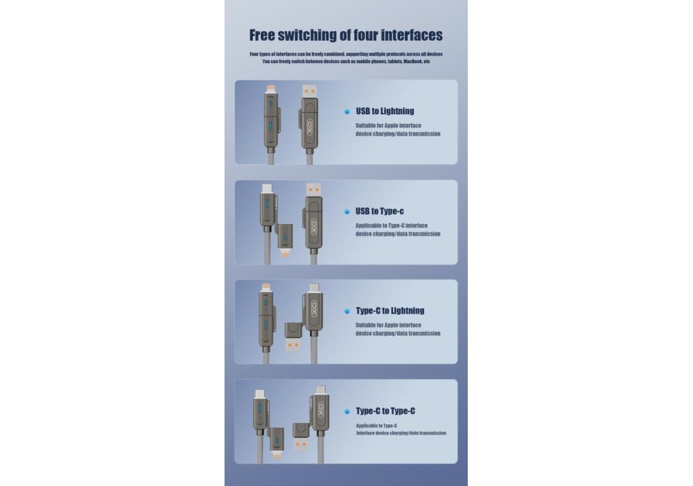 Кабель XO NB275 Zinc Alloy Silicone Type-C/USB-A to TYPE-C/Lightning - 4-in-1 - 60W - 1m Gray