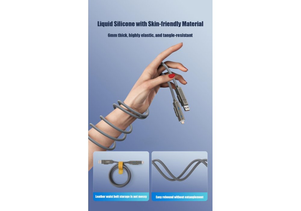 Кабель XO NB275 Zinc Alloy Silicone Type-C/USB-A to TYPE-C/Lightning - 4-in-1 - 60W - 1m Gray