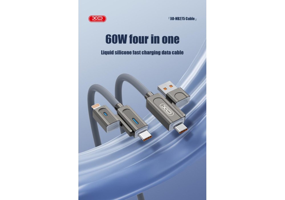 Кабель XO NB275 Zinc Alloy Silicone Type-C/USB-A to TYPE-C/Lightning - 4-in-1 - 60W - 1m Gray