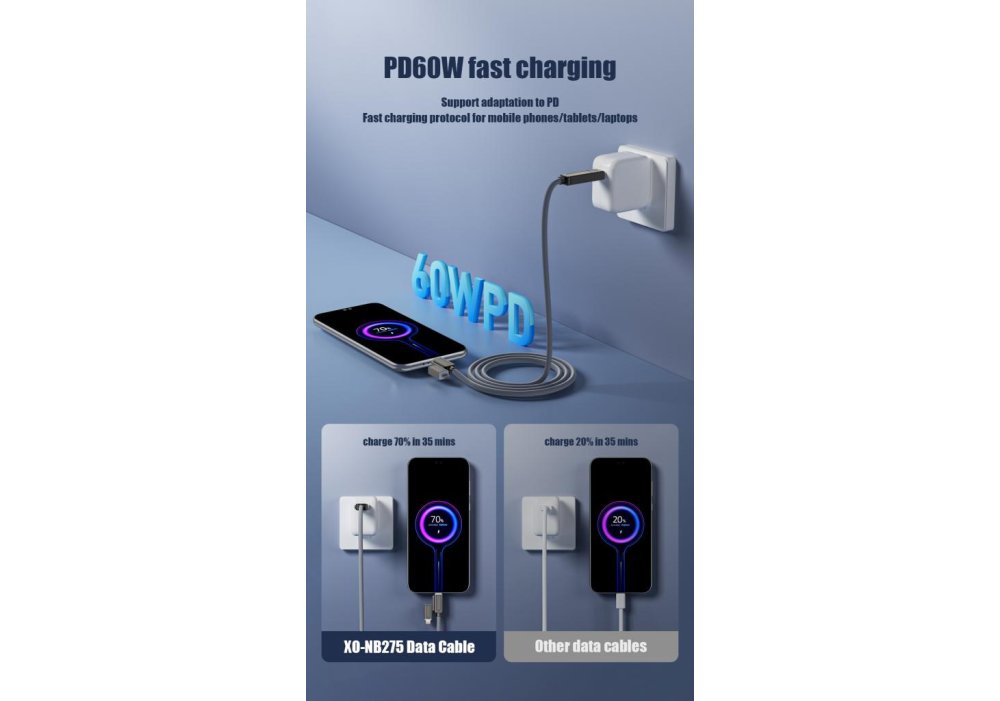 Кабель XO NB275 Zinc Alloy Silicone Type-C/USB-A to TYPE-C/Lightning - 4-in-1 - 60W - 1m Gray