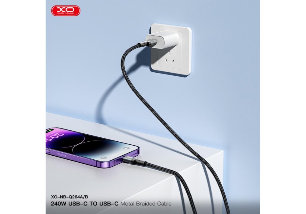Кабель XO NBQ264A High Power Braided Type-C to Type-C - 240W - 1m Black