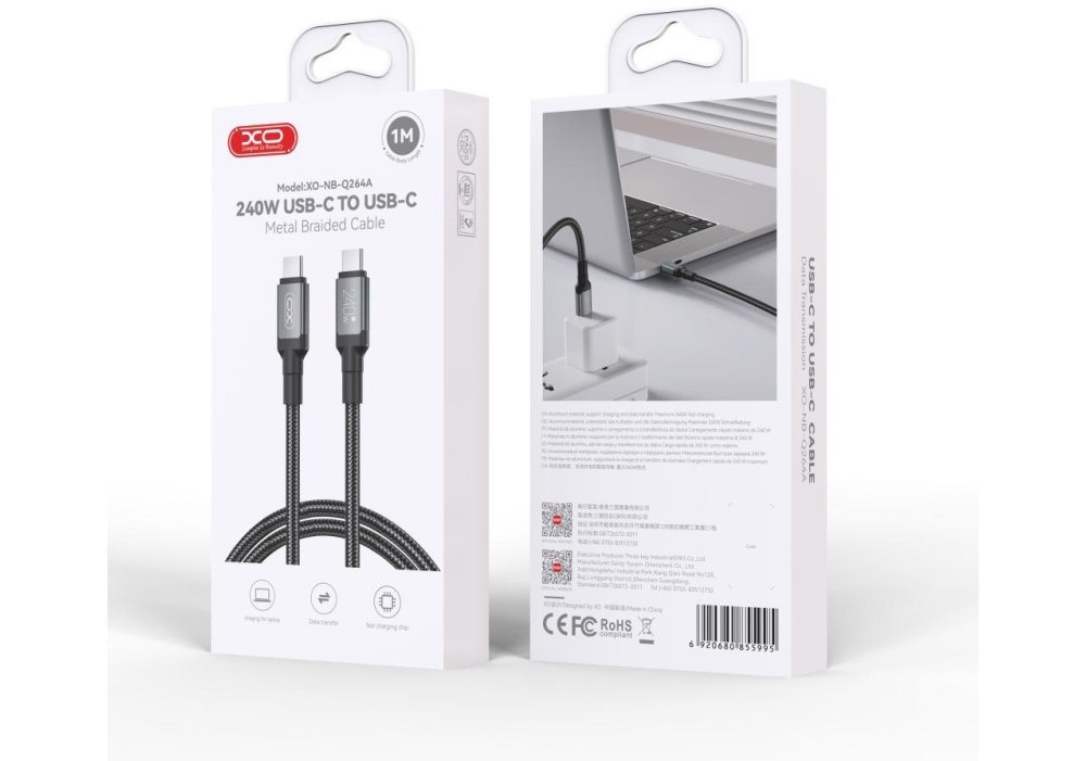 Кабель XO NBQ264A High Power Braided Type-C to Type-C - 240W - 1m Black