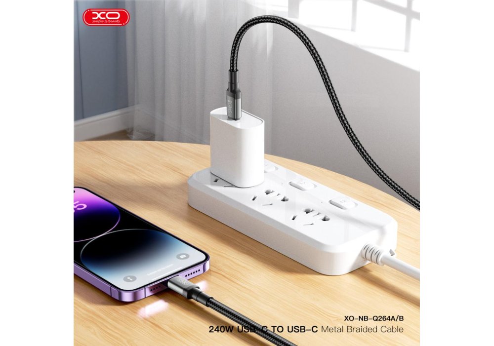 Кабель XO NBQ264A High Power Braided Type-C to Type-C - 240W - 2m Black