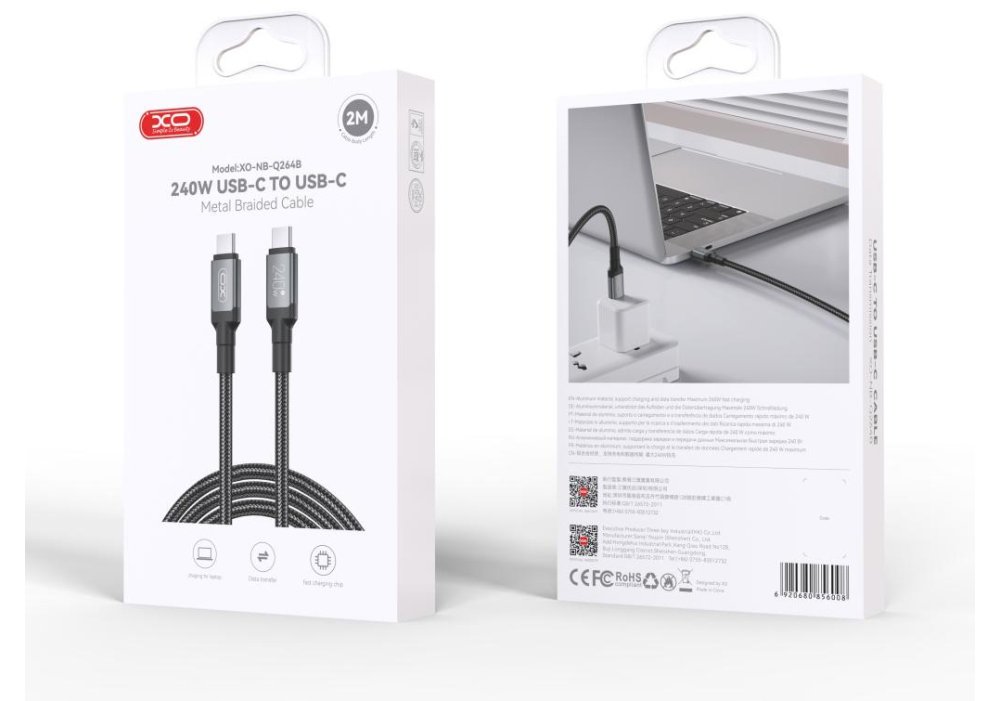 Кабель XO NBQ264A High Power Braided Type-C to Type-C - 240W - 2m Black
