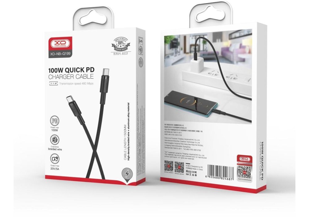 Кабель XO NBQ199 High Power Braided Type-C to Type-C - 100W - 1m Black