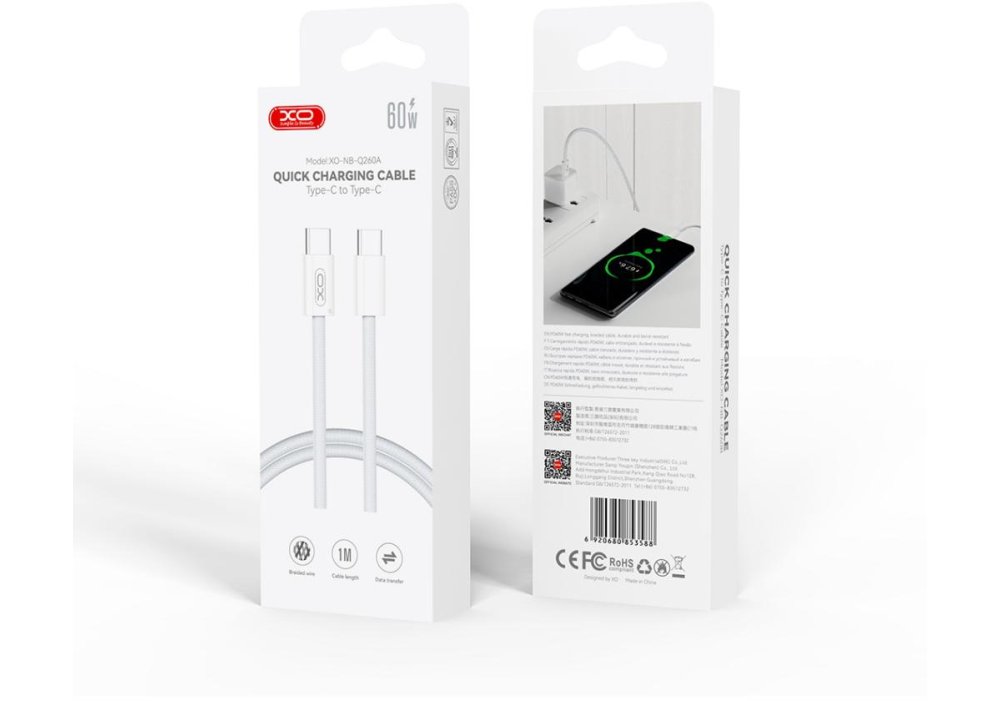 Кабель XO NBQ260A High-fashion Series Type-C to Type-C - 60W - 1m White