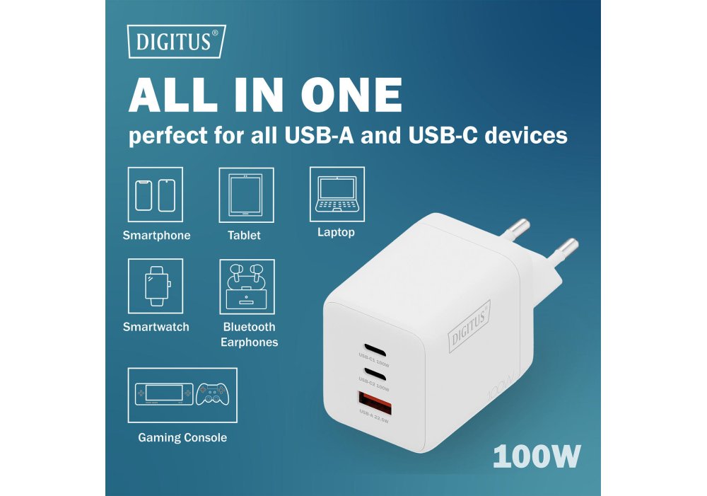 Зарядний пристрій DIGITUS GaN 2хUSB-C, 1хUSB-A, 100W