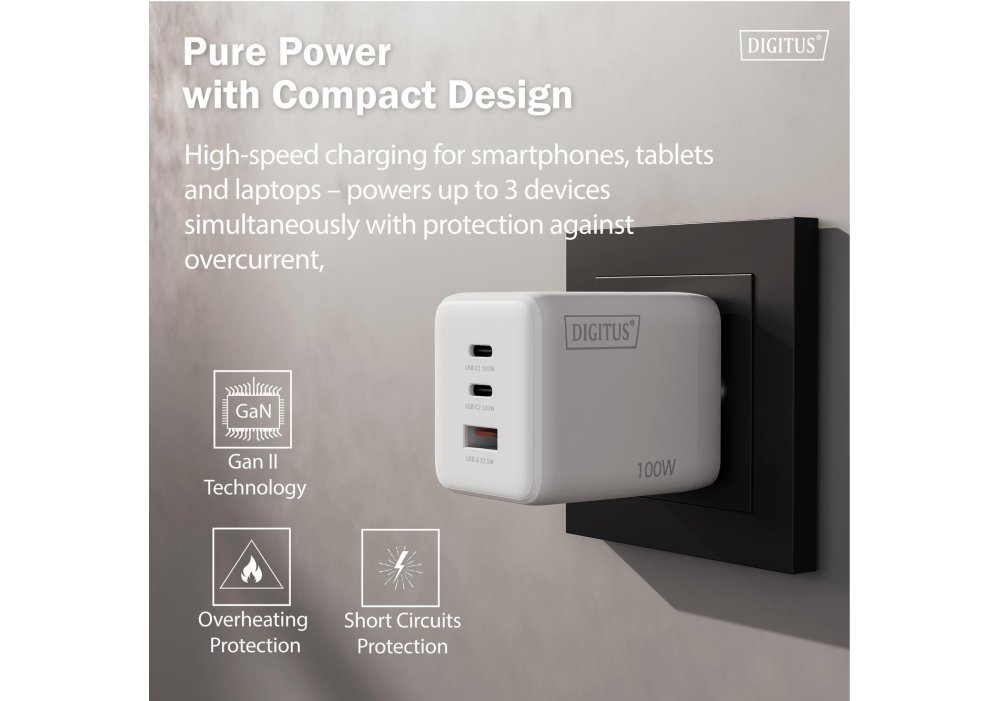 Зарядний пристрій DIGITUS GaN 2хUSB-C, 1хUSB-A, 100W