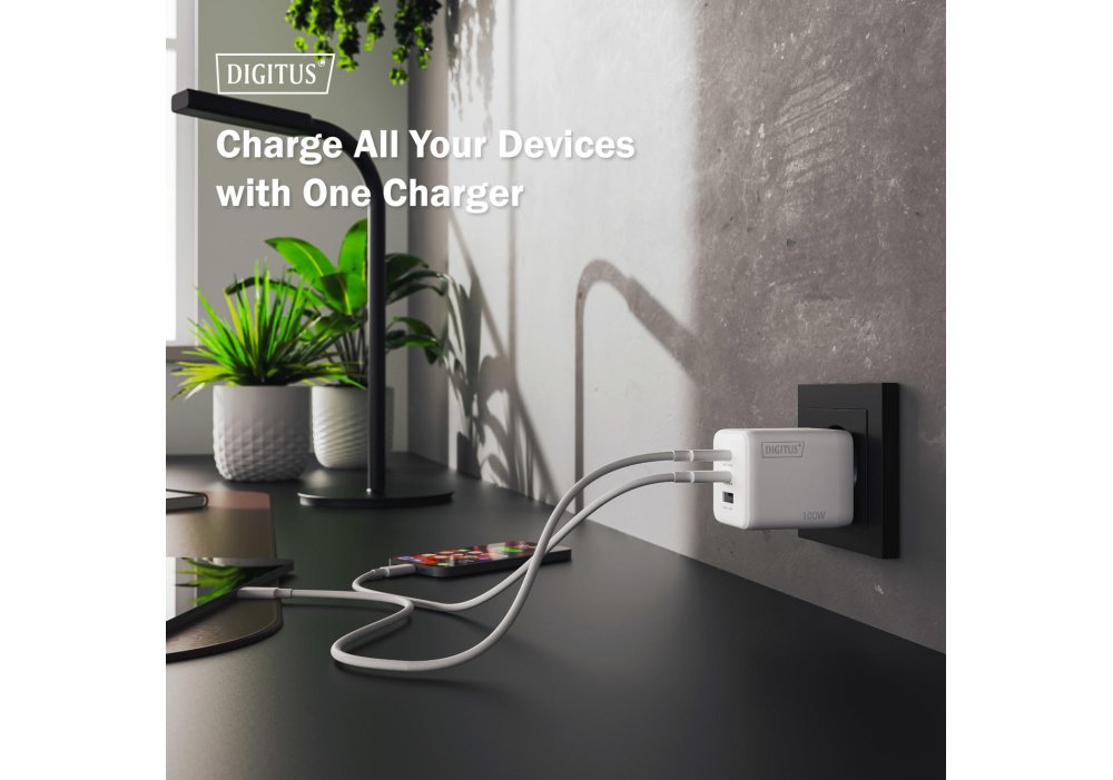 Зарядний пристрій DIGITUS GaN 2хUSB-C, 1хUSB-A, 100W