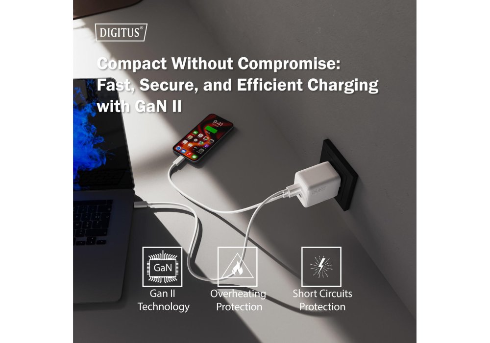 Зарядний пристрій DIGITUS GaN 2хUSB-C, 1хUSB-A, 100W