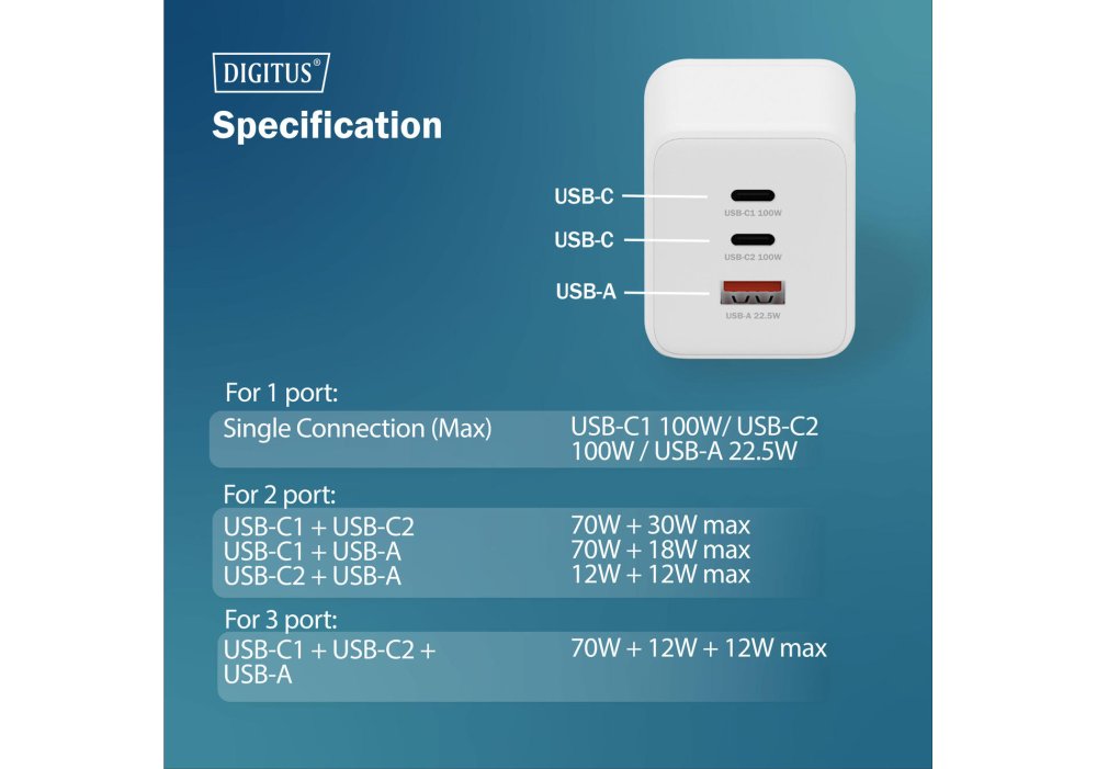 Зарядний пристрій DIGITUS GaN 2хUSB-C, 1хUSB-A, 100W