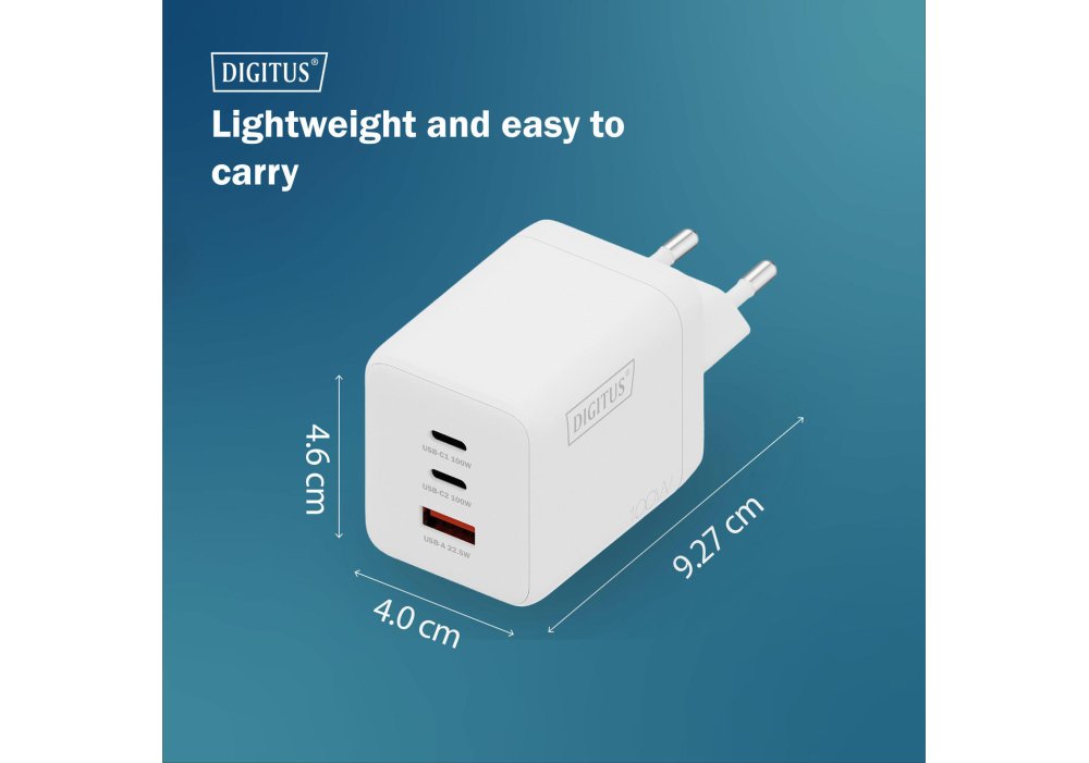 Зарядний пристрій DIGITUS GaN 2хUSB-C, 1хUSB-A, 100W