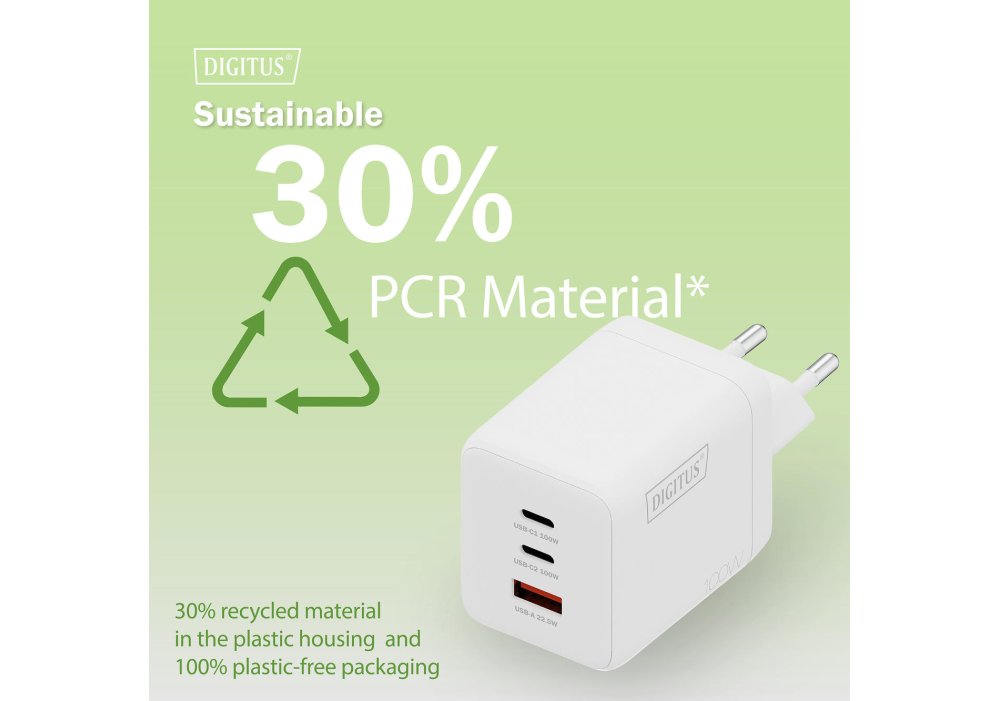 Зарядний пристрій DIGITUS GaN 2хUSB-C, 1хUSB-A, 100W