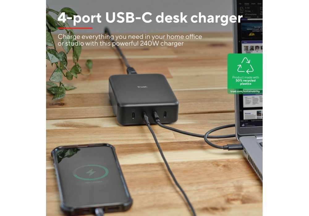 Зарядний пристрій мережевий Trust Maxo 240Вт,GaN, 4xUSB-C,PD, чорний