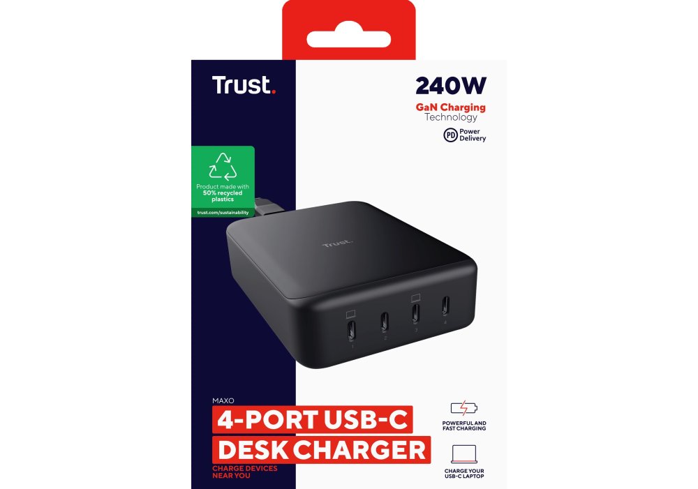 Зарядний пристрій мережевий Trust Maxo 240Вт,GaN, 4xUSB-C,PD, чорний