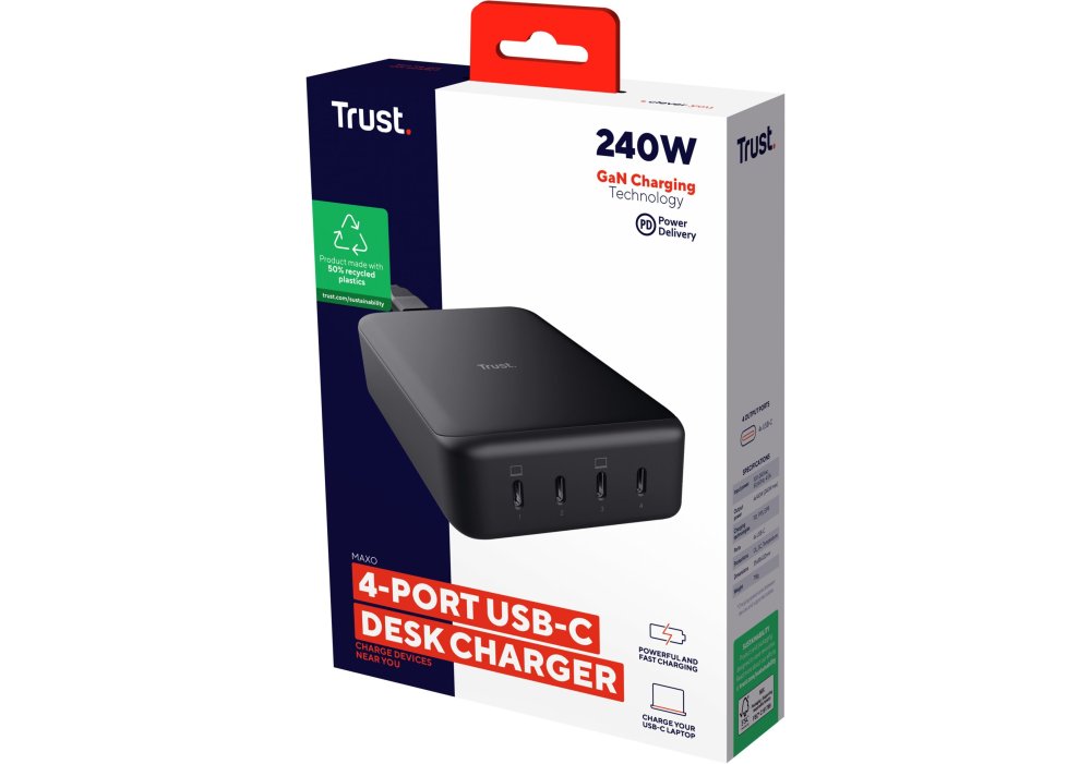 Зарядний пристрій мережевий Trust Maxo 240Вт,GaN, 4xUSB-C,PD, чорний