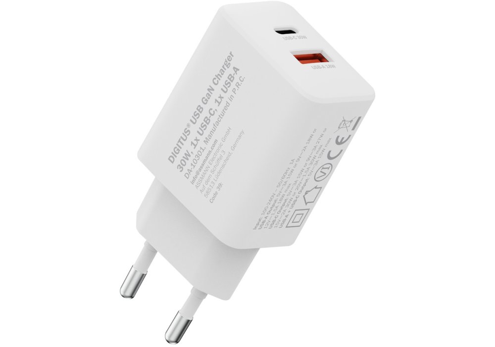 Зарядний пристрій DIGITUS GaN 1хUSB-C, 1хUSB-A, 30W