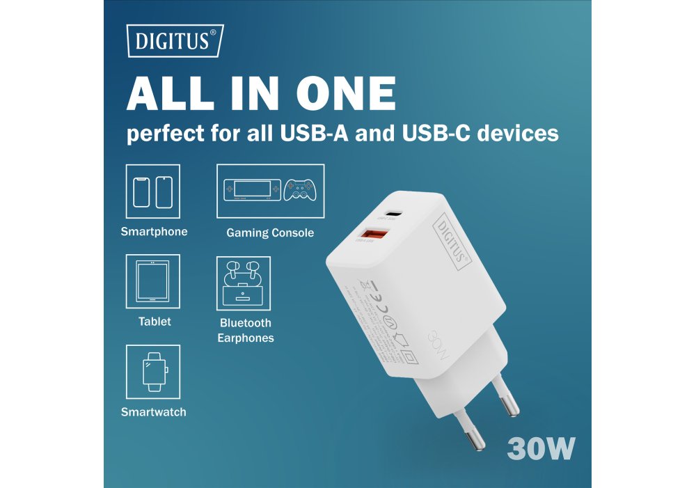 Зарядний пристрій DIGITUS GaN 1хUSB-C, 1хUSB-A, 30W