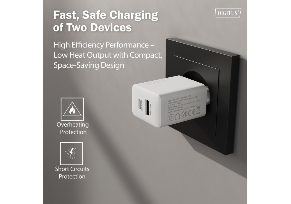 Зарядний пристрій DIGITUS GaN 1хUSB-C, 1хUSB-A, 30W