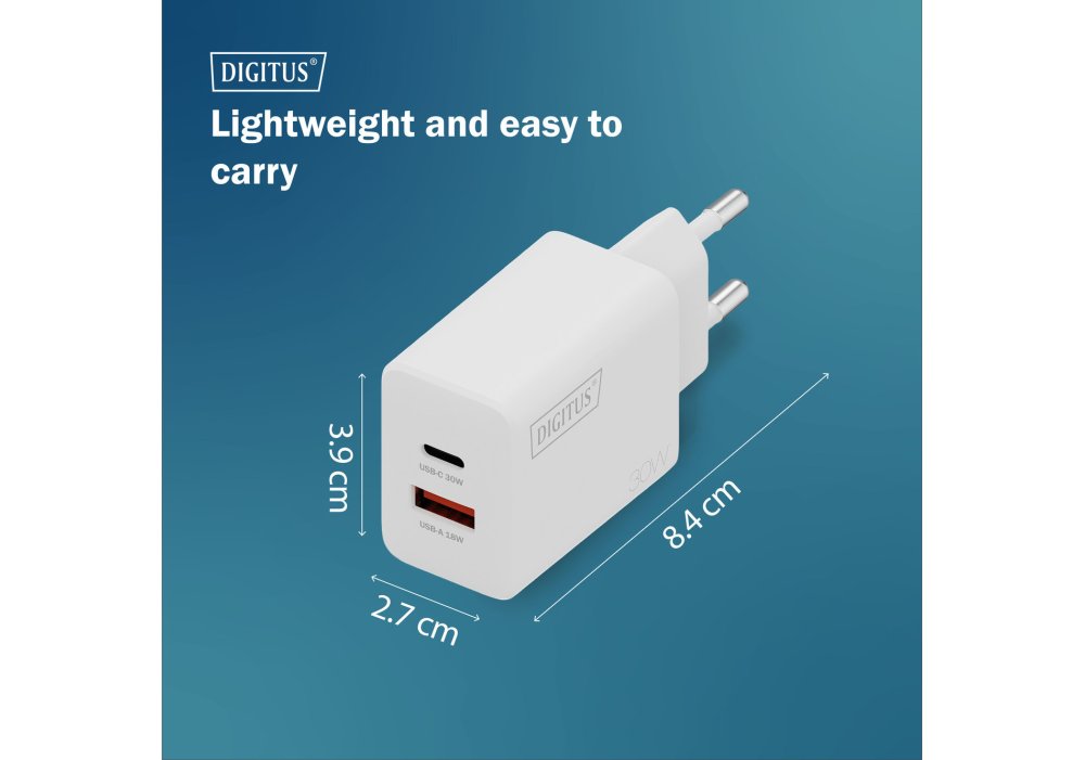 Зарядний пристрій DIGITUS GaN 1хUSB-C, 1хUSB-A, 30W