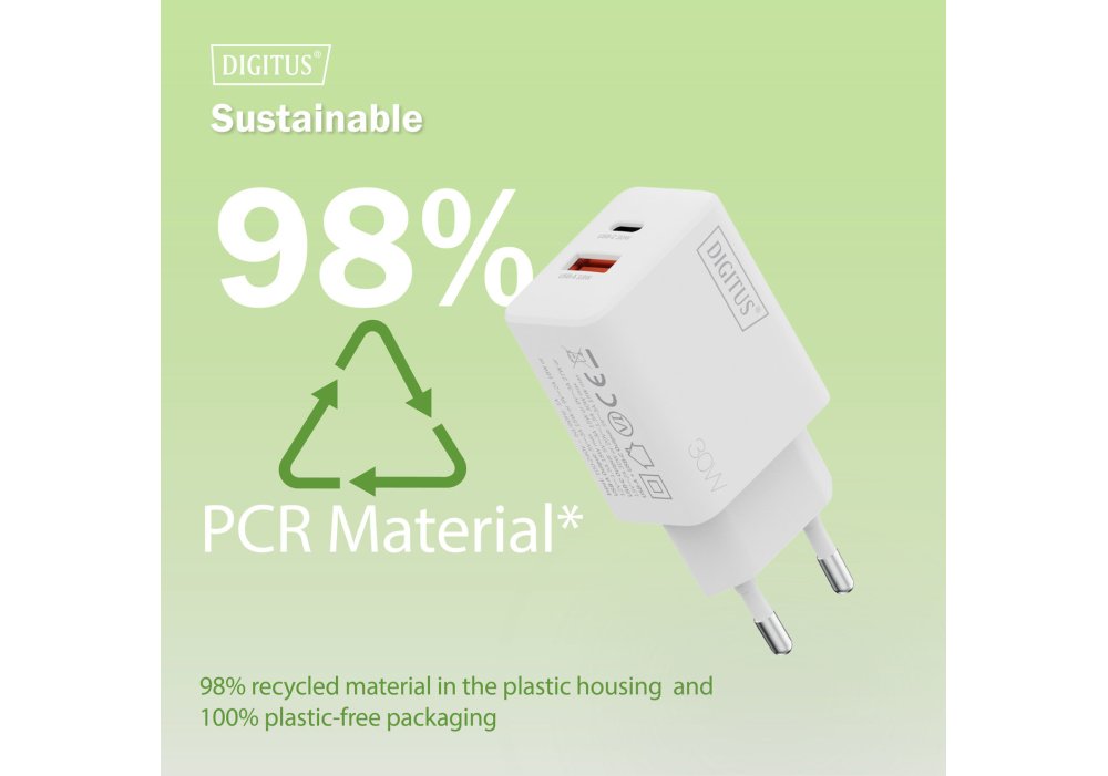 Зарядний пристрій DIGITUS GaN 1хUSB-C, 1хUSB-A, 30W