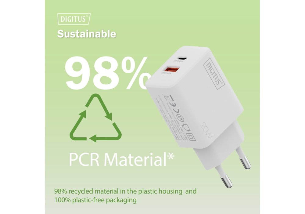 Зарядний пристрій DIGITUS 1хUSB-C, 1хUSB-A, 20W