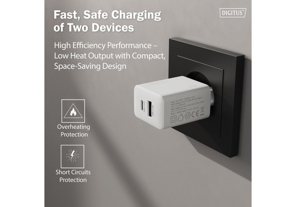 Зарядний пристрій DIGITUS 1хUSB-C, 1хUSB-A, 20W
