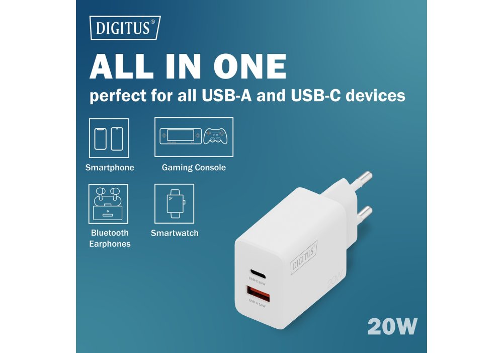 Зарядний пристрій DIGITUS 1хUSB-C, 1хUSB-A, 20W