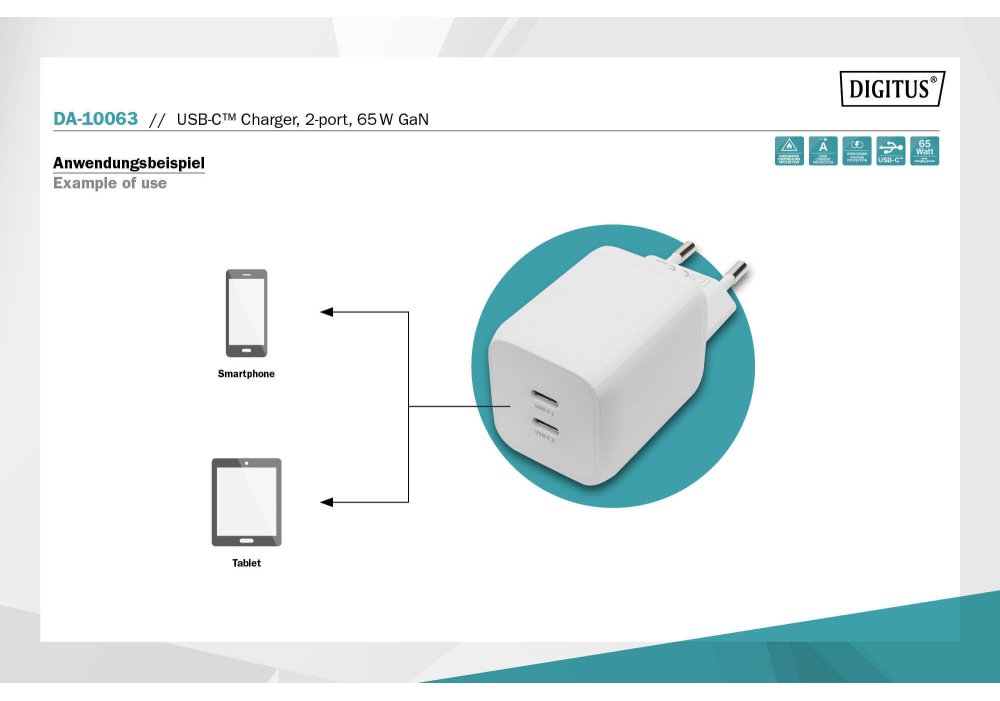Зарядний пристрій DIGITUS 2хUSB-C, 65W, GaN