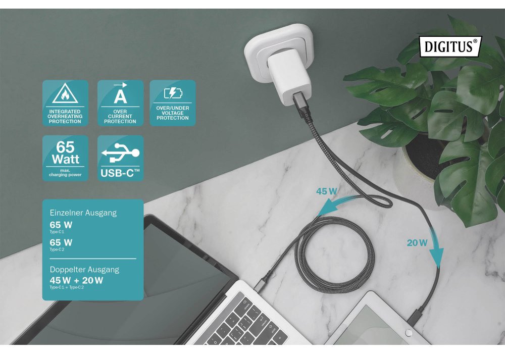 Зарядний пристрій DIGITUS 2хUSB-C, 65W, GaN