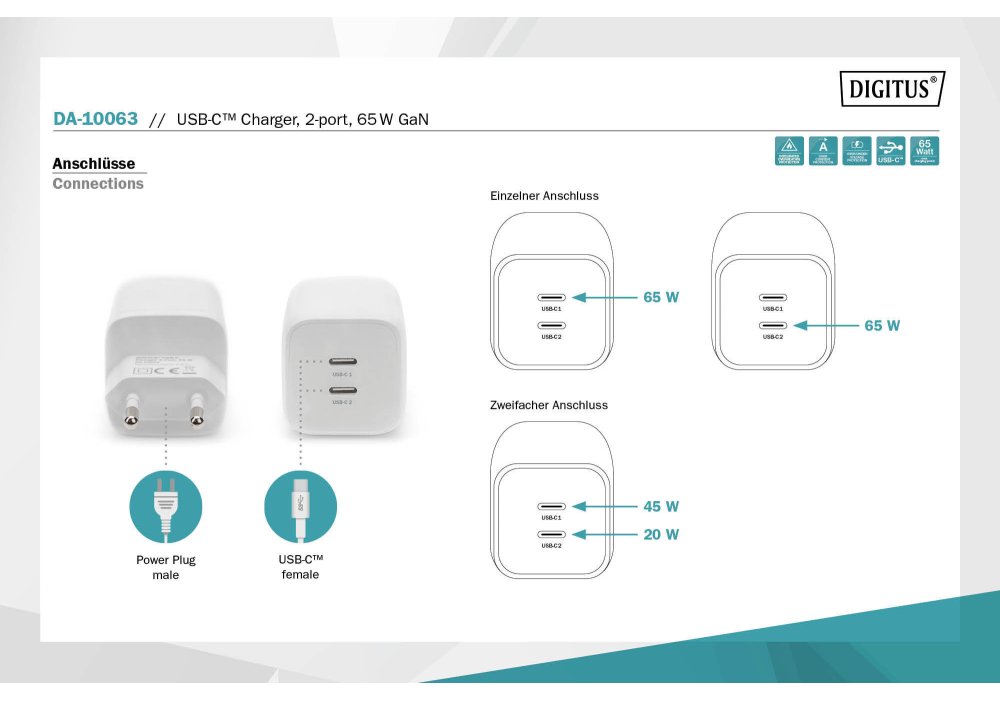 Зарядний пристрій DIGITUS 2хUSB-C, 65W, GaN