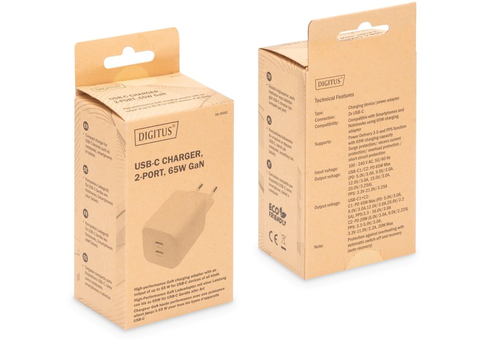 Зарядний пристрій DIGITUS 2хUSB-C, 65W, GaN